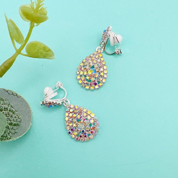 CLIP ON Small Pear Shape AB Color Rhinestone  Earrings - Picture 9 of 10